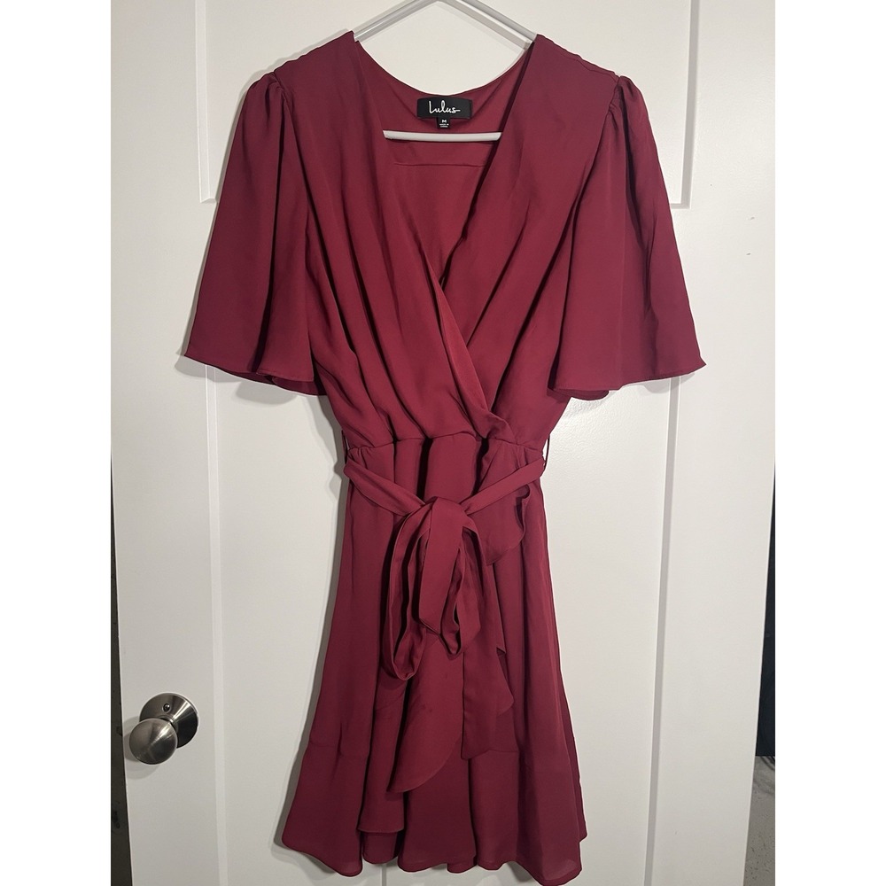 Lulus Absolute Affection Burgundy Flutter Sleeve Wrap Dress Size Medium Ruffle